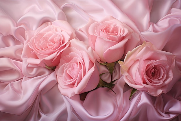 pink roses on a pink satin background closeup pink roses on soft silk AI Generated