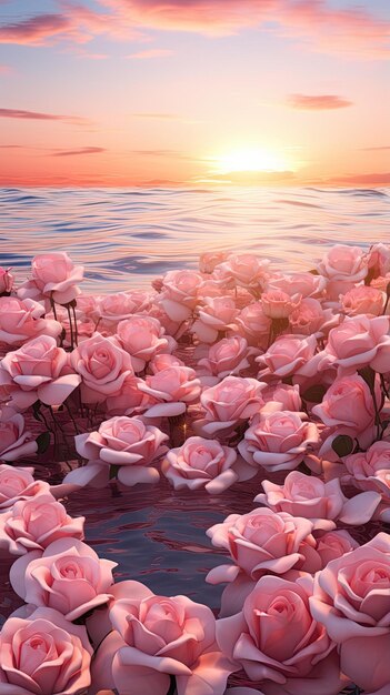 pink roses on the sea at sunset