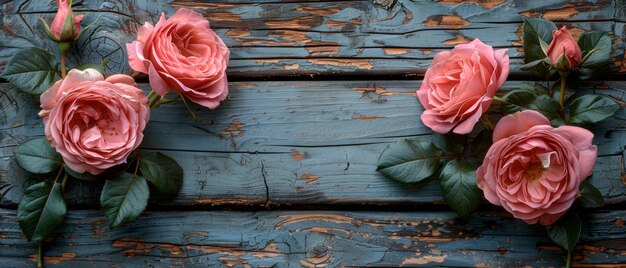 Pink roses on shabby wooden planks with space for text A Valentine39s card or Women39s Day card