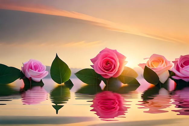 Photo pink roses in the sunset