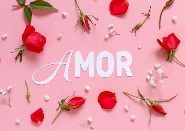 Pink roses and text amor on a light pink background top\
view
