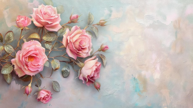 Pink roses on textured pastel background with copy space