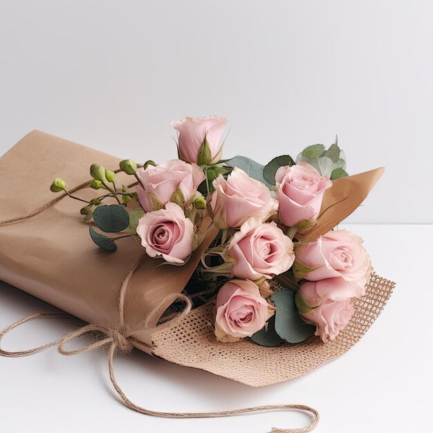 pink roses tied in a brown paper wrapper