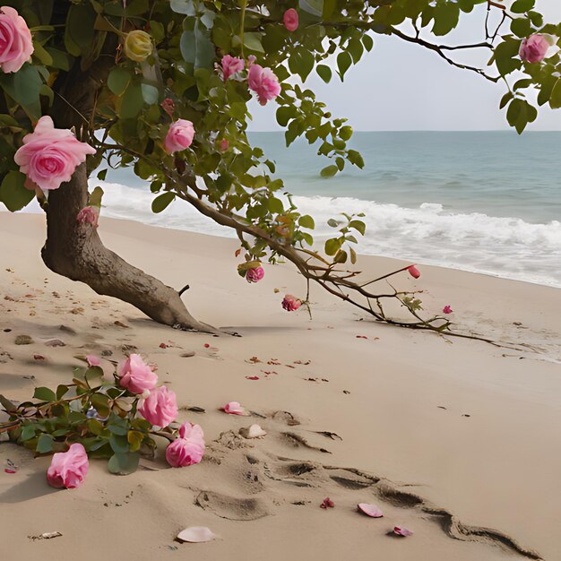 pink roses on a tree on the beach