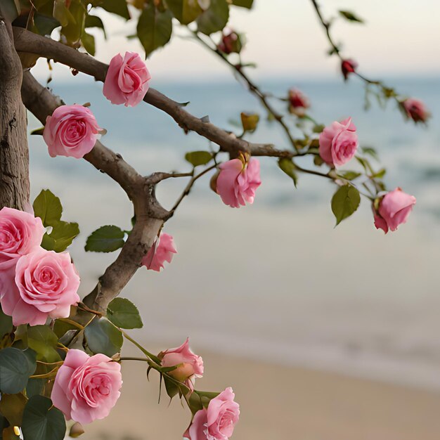 Foto rose rosa su un albero vicino all'oceano