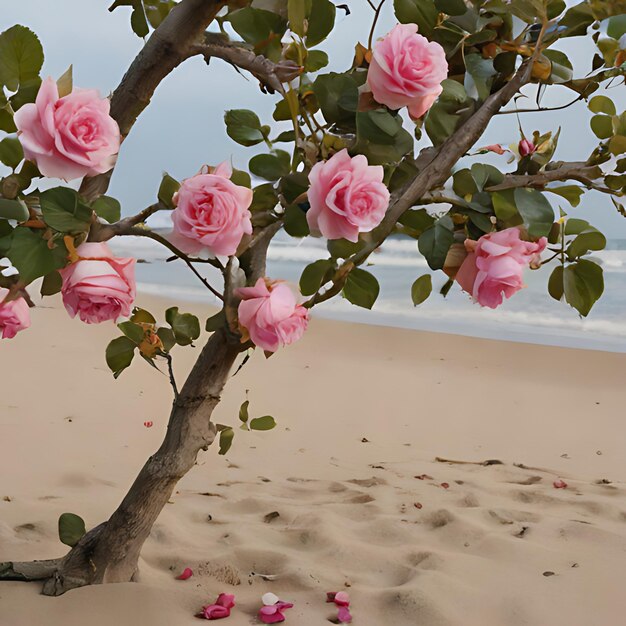 Foto rose rosa su un albero nella sabbia