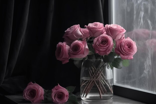 Pink roses in a vase on a window Generative AI