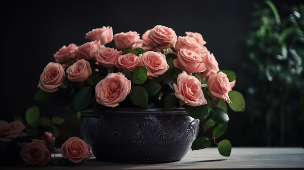 Pink roses in a vase on the windowsill generative ai
