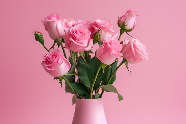 Розовые розы в вазе с розовым фоном