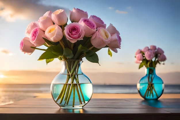 pink roses in a vase with a sunset in the background.