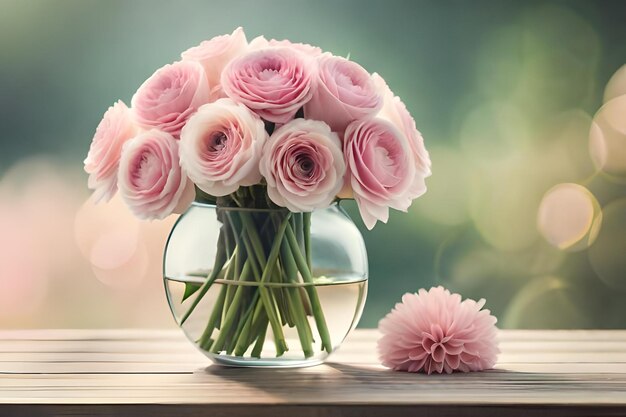 Pink roses in a vase with water and a green background