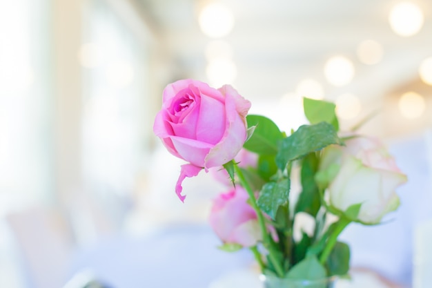 白いテーブルの上の水のガラスにピンクのバラ