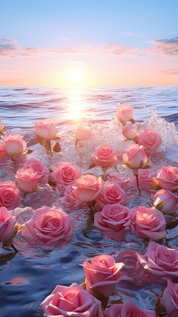 pink roses in the water with the sun setting behind them