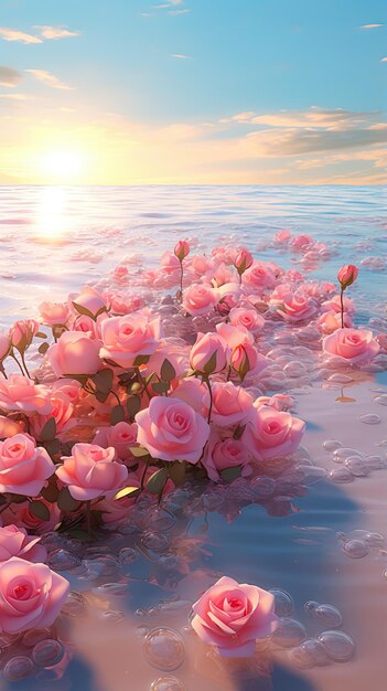 pink roses in the water with the sun setting behind them