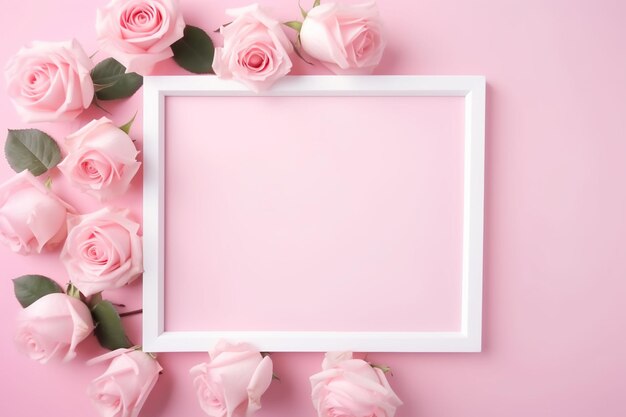 pink roses and a white frame on a pink background generative ai