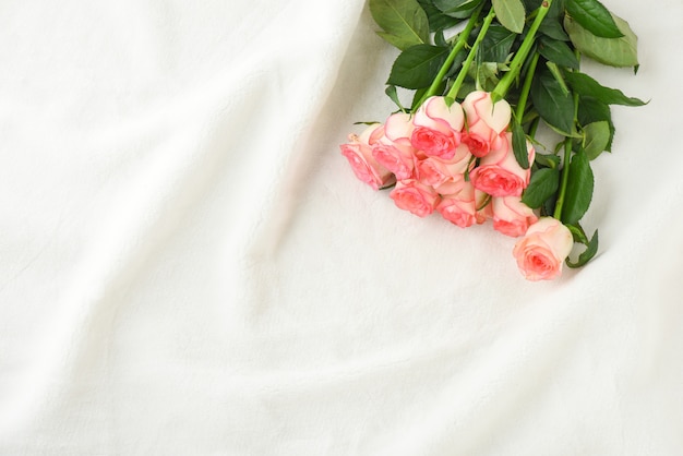 Pink Roses on White Fur Flatlay