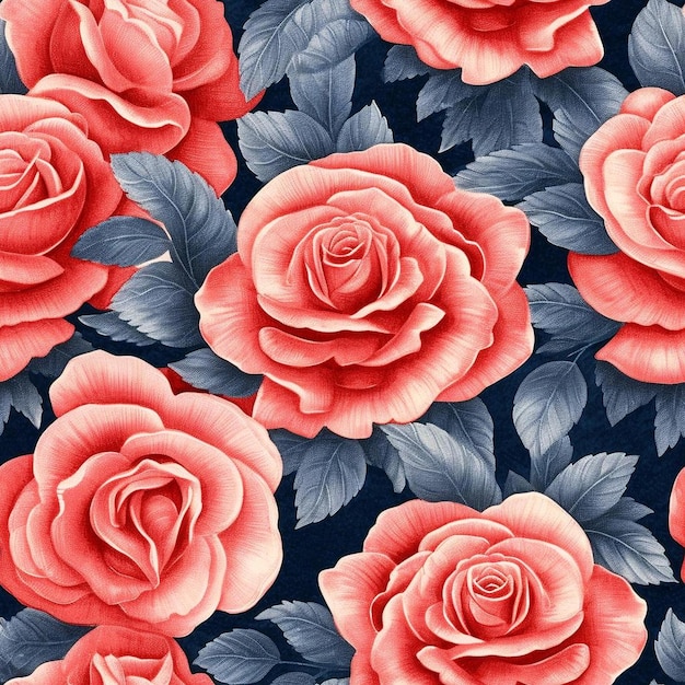 Pink roses with blue leaves and blue leaves on a dark blue background.