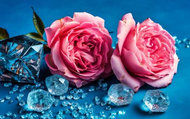 Pink roses with crystals on a blue background