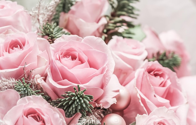 Pink roses with fir branches. Macro flowers background for holiday brand design