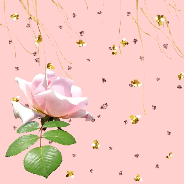인사말에 대 한 골드 색종이 요소 꽃과 심장 기호 파스텔 색상 배경 핑크 장미