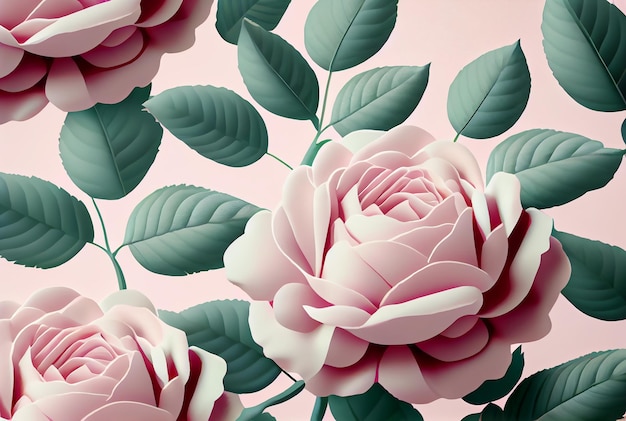 Pink roses with green leaves background