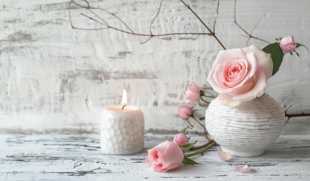 Pink roses with lit candle and pebbles on white wooden table in Scandinavian style