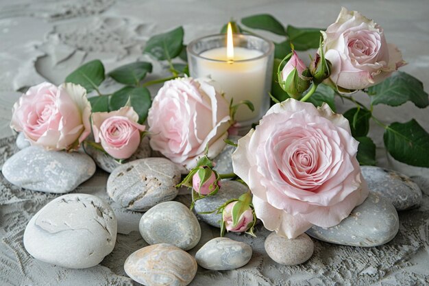 Розовые розы с зажженной свечой и камешками на белом деревянном столе в скандинавском стиле