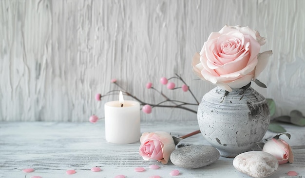 Pink roses with lit candle and pebbles on white wooden table in Scandinavian style