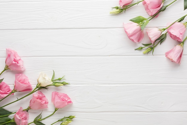 Pink roses on a wooden copy space background