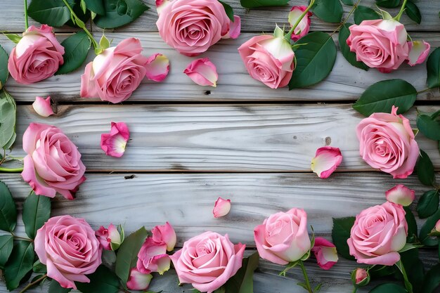 Photo pink roses on wooden for romantic decor