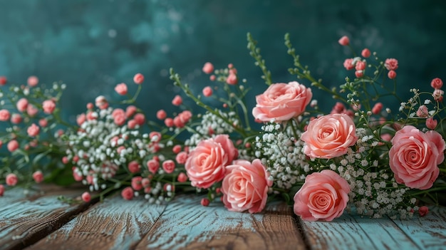 Pink Roses on Wooden Table