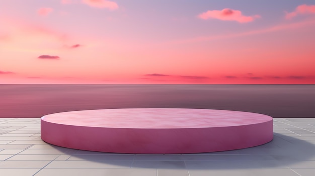 a pink round platform with a pink sky in the background