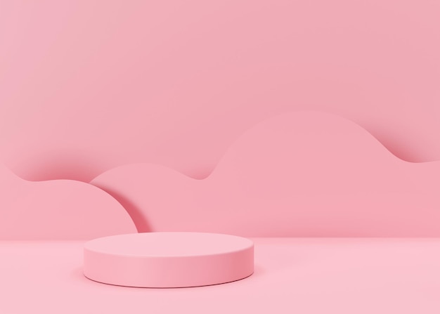 Pink round podium with waves on pink background Podium for product cosmetic presentation Mock up Pedestal or platform for beauty products Empty scene 3D rendering