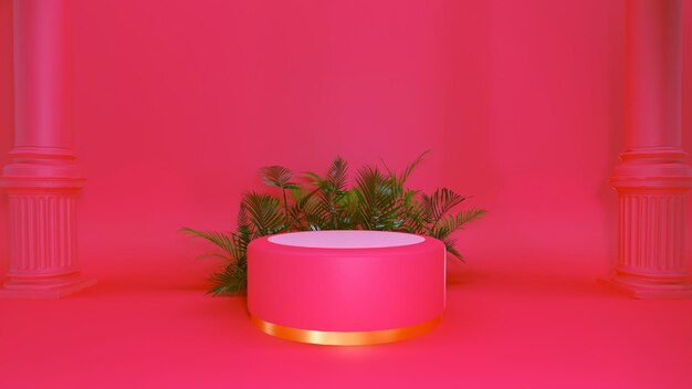 A pink round stand with a gold band around it.