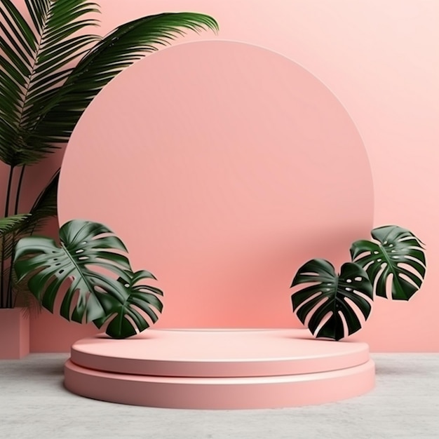 A pink round with a plant in the corner