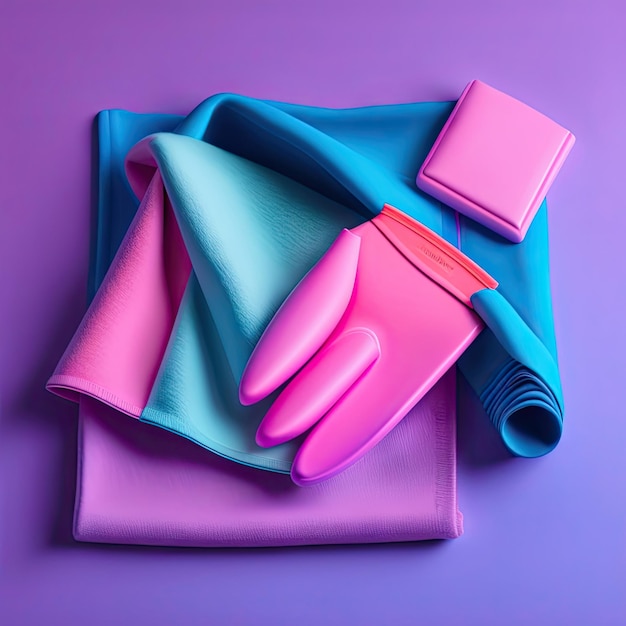 Pink rubber glove and rags on a pink and blue background Cleaning service concept