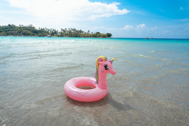 Pink rubber ring and beach scenery on the island