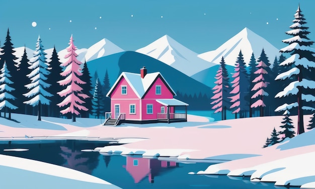 Pink rural house on winter forest glade near frozen lake cartoon illustration