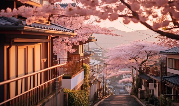 pink sakura blossoms in village