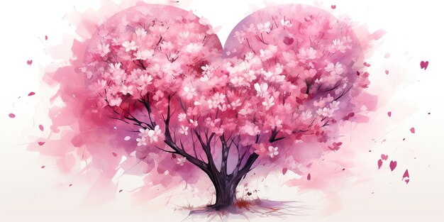 Photo pink sakura heart tree with a flower in the style of realistic watercolors