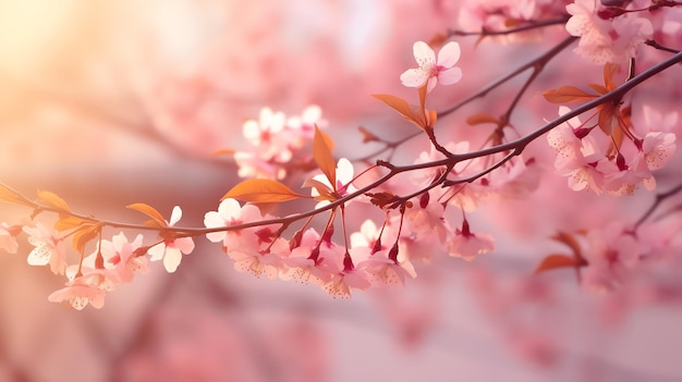 ピンクの桜の枝が落ちるピンクの花びら 暖かい夏 AIが生成した画像