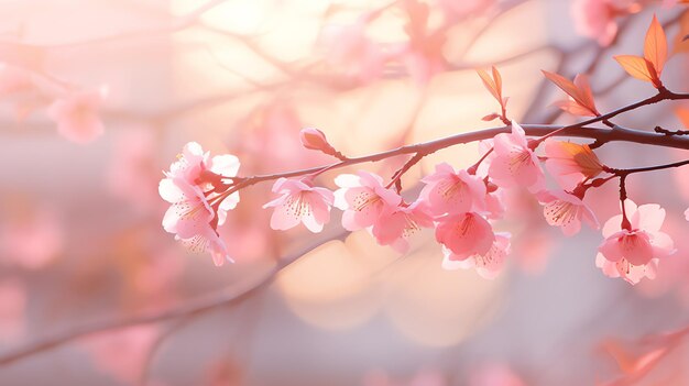 ピンクの桜の枝が落ちるピンクの花びら 暖かい夏 AIが生成した画像