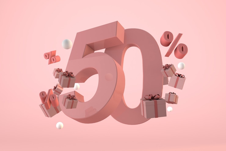 Photo 핑크 세일 50 % 할인, 프로모션 및 축하 선물 상자 및 비율. 3d 렌더링