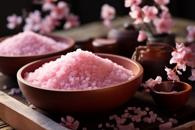 Pink salt in bowl for spa