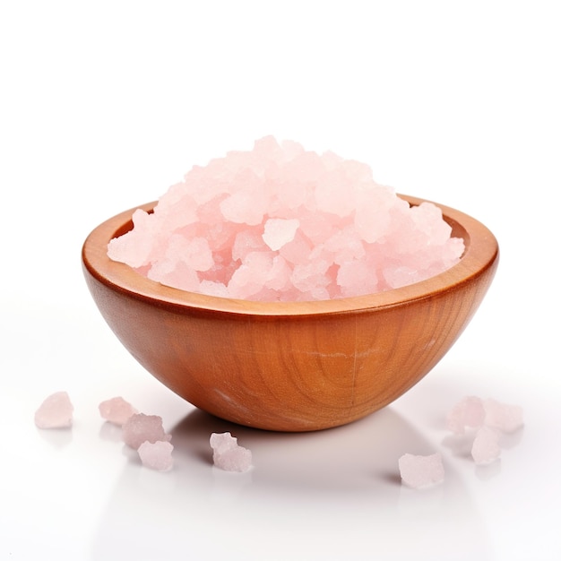 Pink salt in bowl on white background