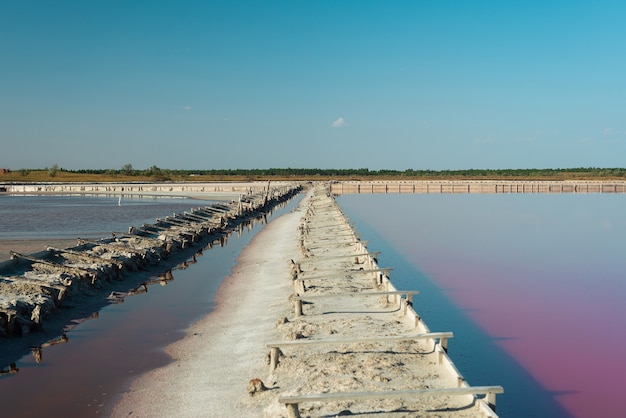 Pink salt lake. Production of pink salt.  