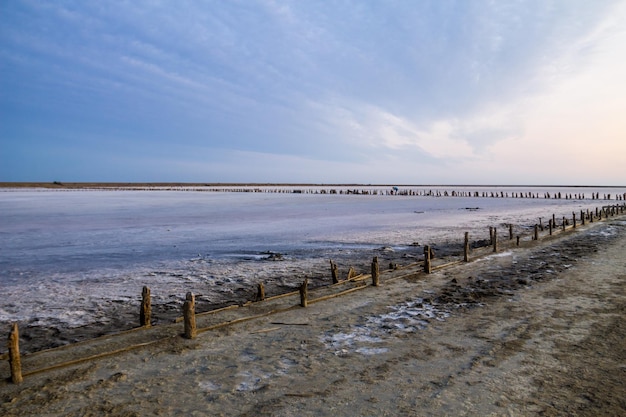 Pink salty Siwash Lake colored by microalgae famous for antioxidant properties enriching water by betacarotene