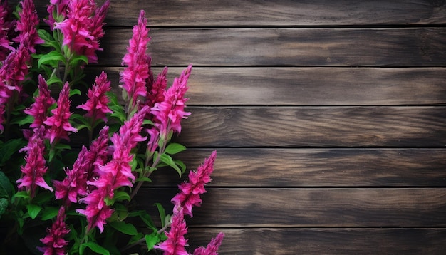 Pink salvia flowers on wooden background Top view with copy space