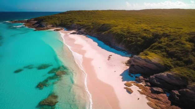 A pink sand beach with a blue ocean in the background.