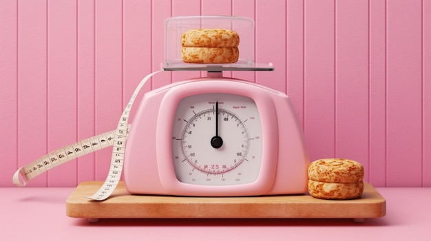 A pink scale with a measuring tape on it and a scale with a weight of 2. 5 grams of food on it.